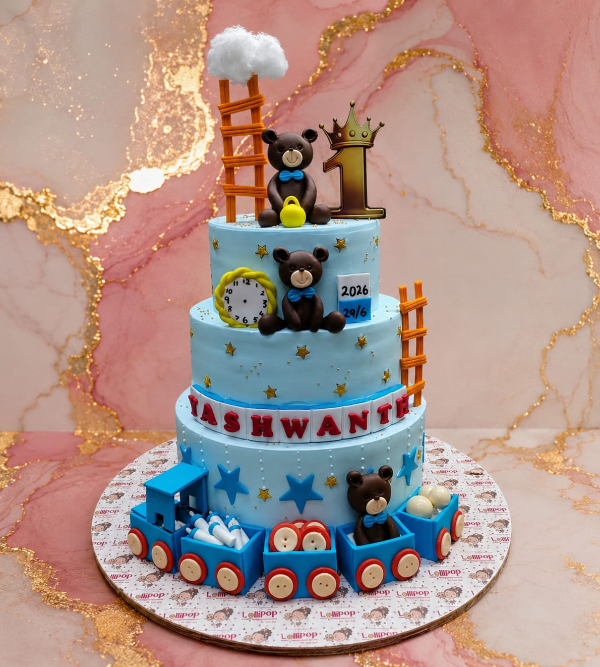 Teddy Bear Toy Train 3-Tier 1st Birthday Cake